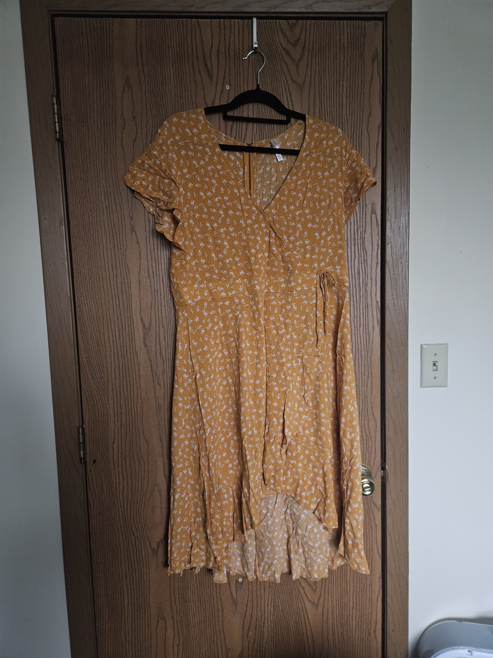 Xhilaration Mustard Yellow Floral High-Low Wrap Dress